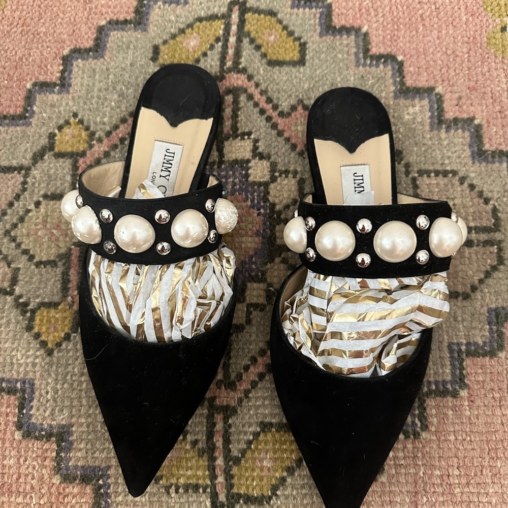 Jimmy Choo Suede Pearly Stud Embellished Basette Flat Mules - Picture 9 of 10